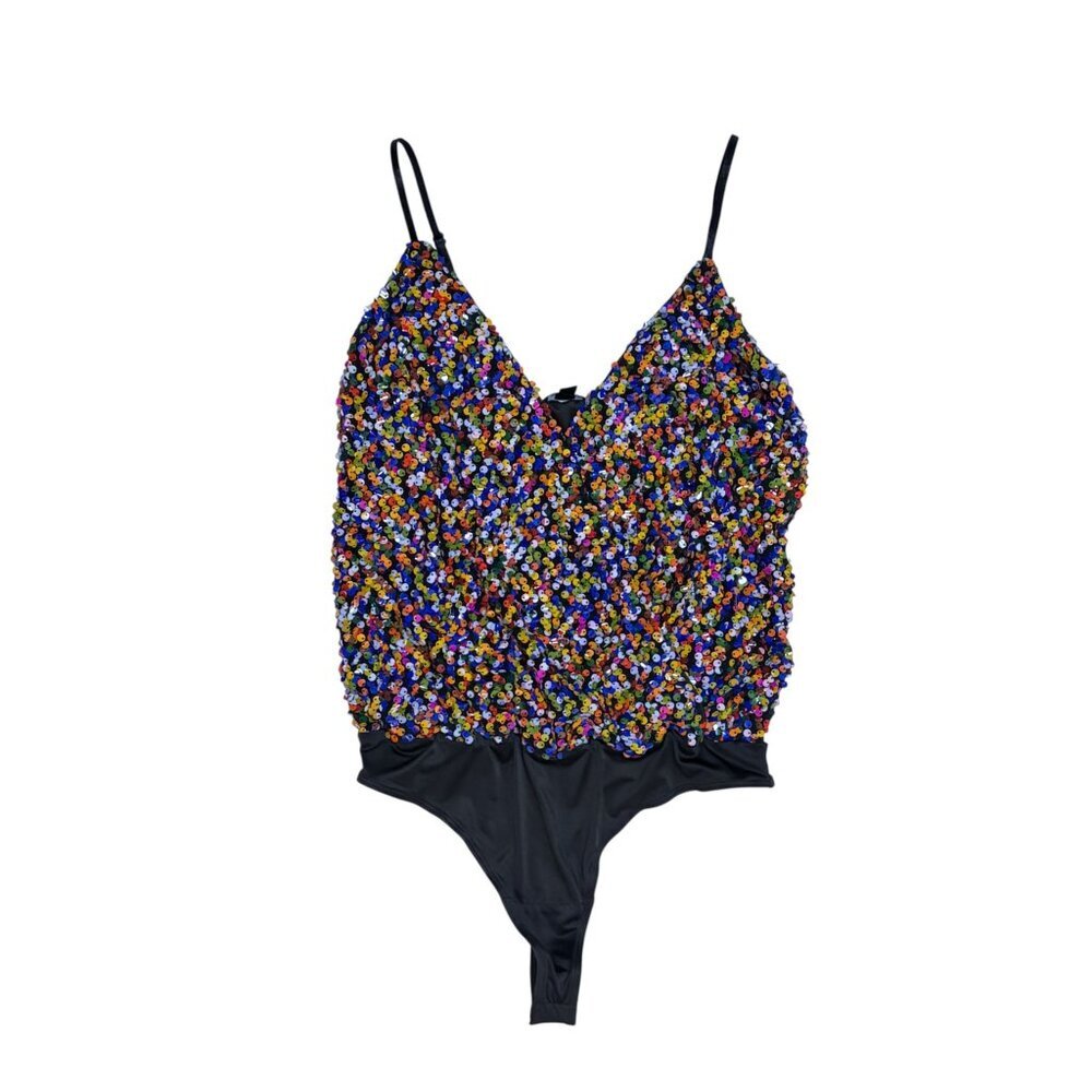 Guess Wrap Bodysuit M Adjustable Straps Rainbow Confetti Sequin Pride Festival - Picture 2 of 7